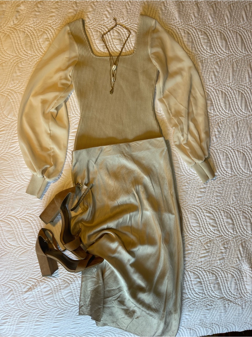 Cream Knitted Bodysuit with Sheer Sleeves
